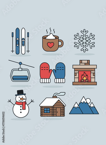 Winter icons: skiing, hot chocolate, snowflake, chairlift, mittens, fireplace, snowman, cabin, mountains.