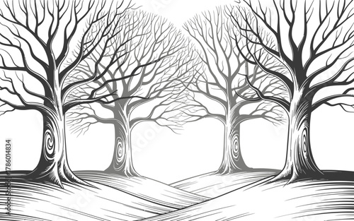 Striking black and white illustration of bare trees in a stylized landscape