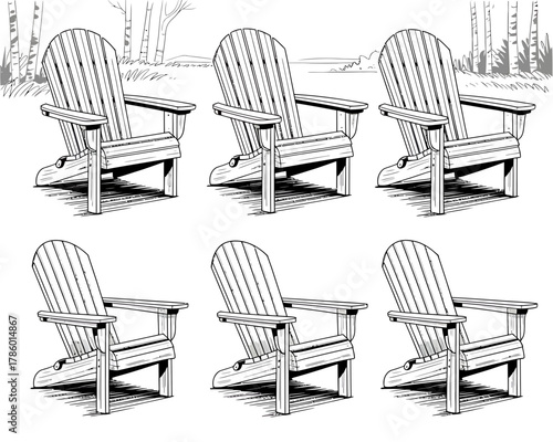 Six adirondack chairs in a row with trees and landscape background