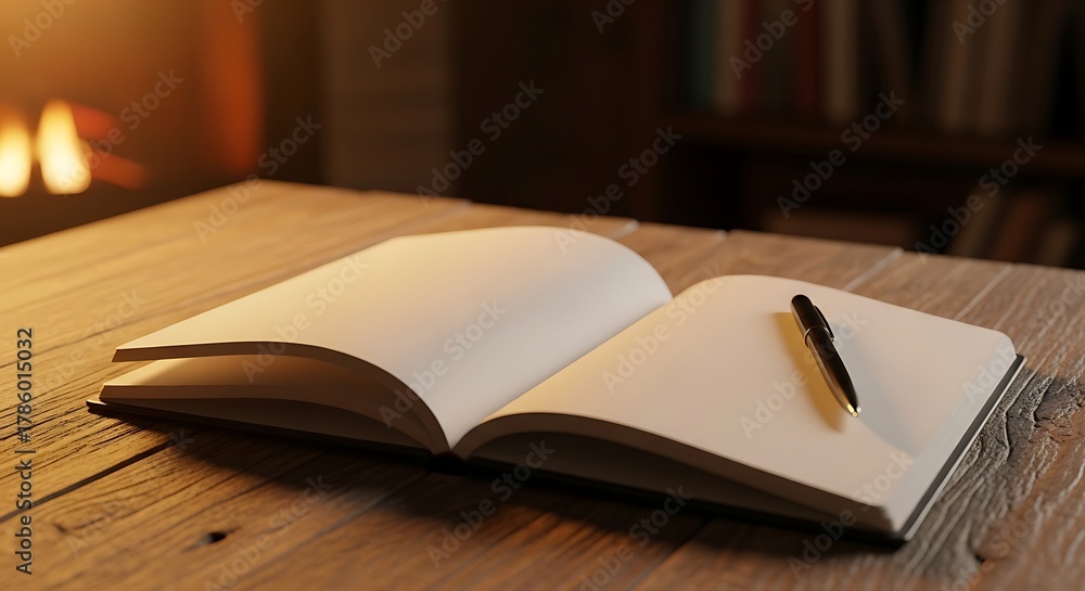 Fototapeta premium Open Book with Pen on Wooden Table Near Fireplace