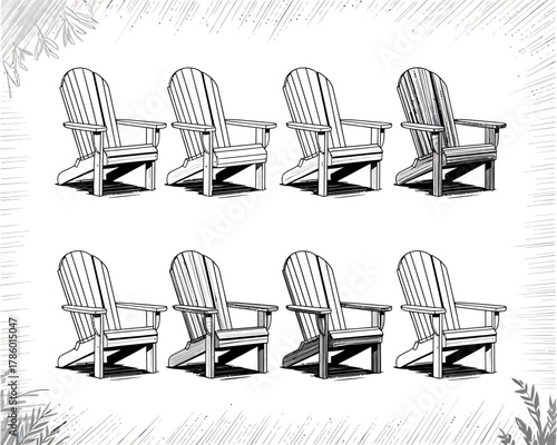 Collection of eight adirondack chairs in a line drawing style