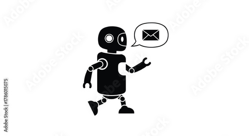 Cute black robot character running with a speech bubble containing an email icon symbolizing communication and delivery