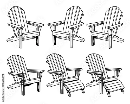 Collection of adirondack chairs in black and white line art style