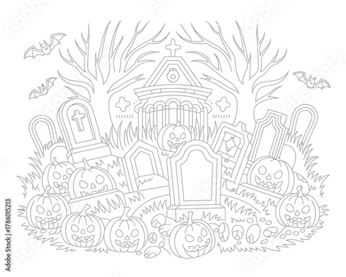 Halloween graveyard scene with pumpkins and bats line art