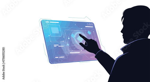 Silhouette of a person interacting with a futuristic holographic interface displaying data and charts on a digital screen