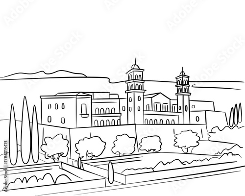 Black and white line drawing of a european town with towers and gardens