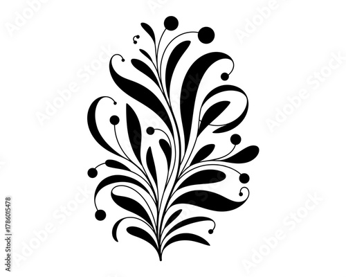 Elegant black floral flourish with swirling leaves and berries on white background