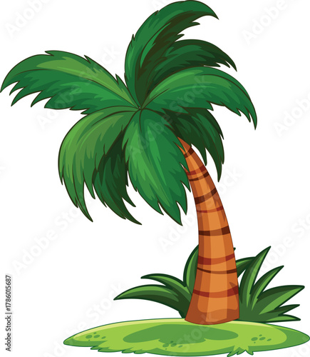  A coconut tree on green grass. The leaves of the tree are green