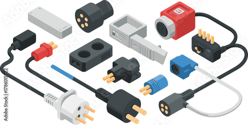 Isometric illustration of various electronic connectors and power plugs with cables, adapters, and sockets used for technology and electricity devices