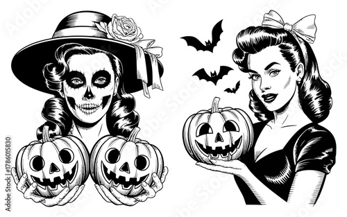 Vintage halloween pinup girls with pumpkins and bats