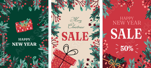 Vector Christmas and New Year sale banners with holiday decorations, gifts, and festive typography. Seasonal design for discounts, advertising, or promotional materials.