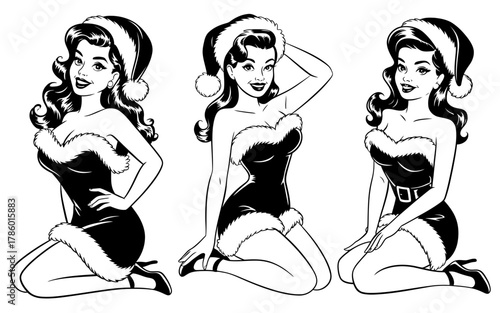 Three retro christmas pin up girls in santa outfits
