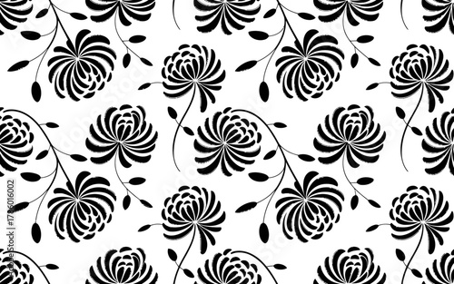 Black and white floral pattern with stylized flowers and leaves
