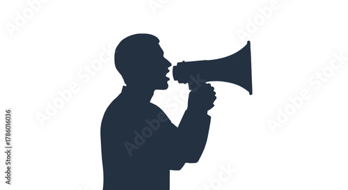 Silhouette of a man speaking into a megaphone announcing a message or making a public statement