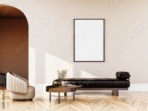 3D interior render with a stylish sofa and a blank mockup frame on the wall. Ideal for showcasing artwork, prints, posters, or interior design and decor concepts.
