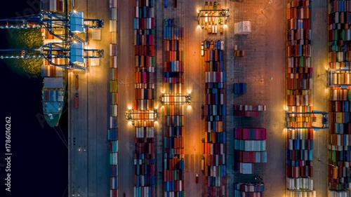 Aerial overhead motion time lapse view of a illuminated container terminal dock with loading and unloading activity by cranes and trucks off cargo ships during evening