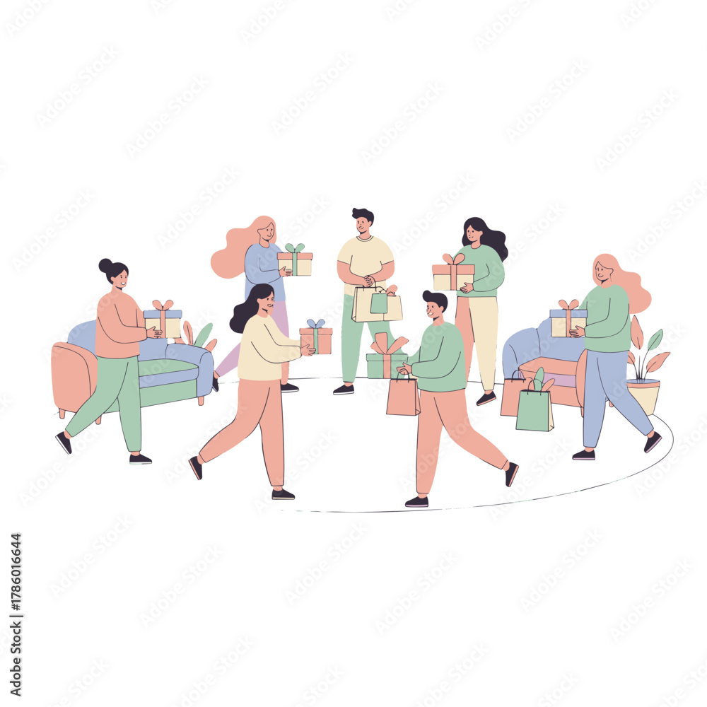 Fototapeta premium Diverse Group Of People Exchanging Wrapped Presents With Soft Bright Colors And Flat Vector Style Celebration And Happiness