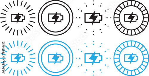 Wireless charger battery. Glowing symbols with lightning bolts. Electromagnetic charger icons. Wireless charging icon logo
