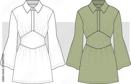 Women's Waist Detail, Bell Sleeve Shirt Dress fashion technical drawing, illustration. Mini Gathered Shirt Dress Vector. CAD, Mockup.