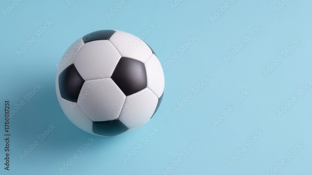 Naklejka premium A classic black and white soccer ball rests on a modern bright blue background. The smooth surface gives a playful and energetic vibe perfect for sports enthusiasts