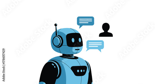 Friendly blue robot communicating with a person through chat bubbles representing conversation and artificial intelligence interaction