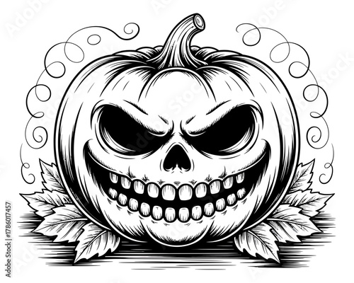 Scary jack o lantern halloween pumpkin with skull face and leaves