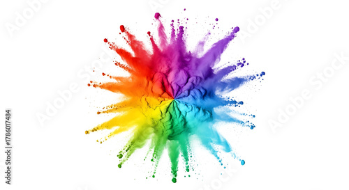 Vibrant rainbow colored powder explosion forming a starburst shape, cutout, PNG isolated on white or transparent background