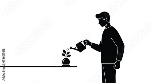 Silhouette of a man watering a small plant in a pot on a shelf symbolizing growth and nurturing