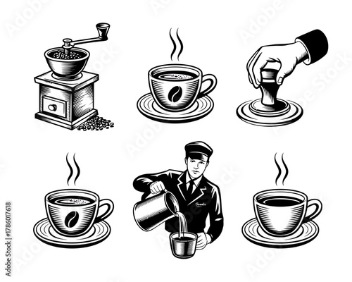 Vintage coffee preparation and serving icons collection