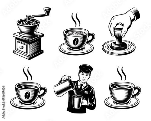 Vintage coffee shop elements collection with grinder cups and barista