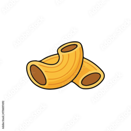 Two elbow macaroni pasta pieces are stacked on top of each other, with a light yellow color and brown inner holes.