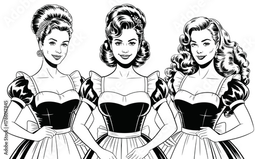 Three vintage women in retro dresses and hairstyles posing together
