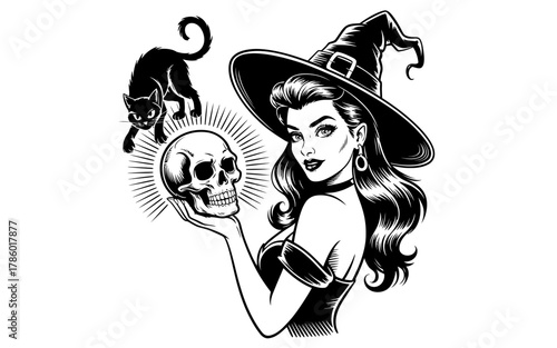 Retro pin up witch holding skull with black cat and rays