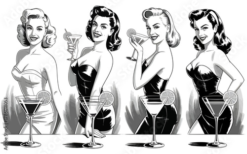 Four glamorous retro women in cocktail dresses holding martinis