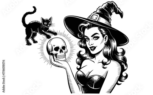 Vintage witch holding skull with black cat and magic aura