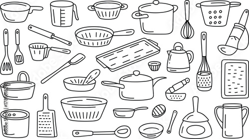 Kitchen utensils line drawing — black and white cooking tools illustration for coloring pages, clipart, design, and educational materials