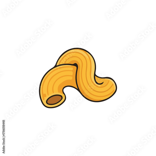 Cartoon illustration of a single, curved elbow macaroni noodle on a white background.