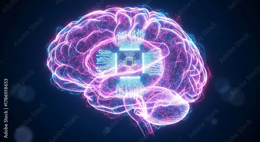 Fototapeta premium AI Brain with Glowing Neural Network and Processor Chip.