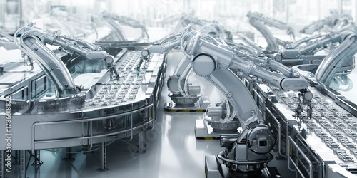 Papier peint Advanced automated factory, industrial robotic arms assembling electronic components on a high-tech production line