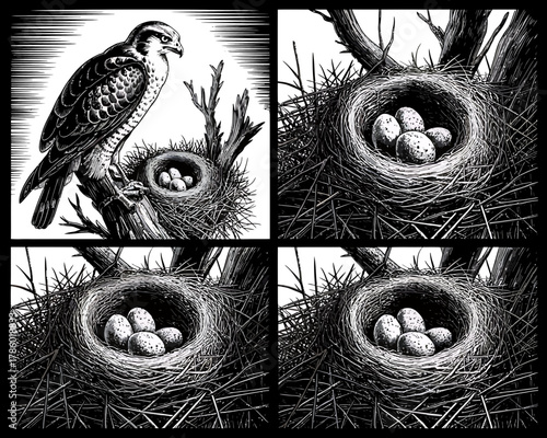 Bird of prey perched near nest with eggs in detailed woodcut style