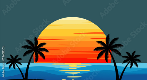 Sunset Beach Illustration Palm Trees, Ocean, and Warm Colors