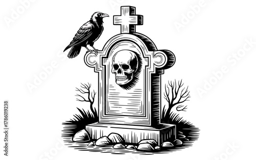 Tombstone with skull and raven illustration for halloween