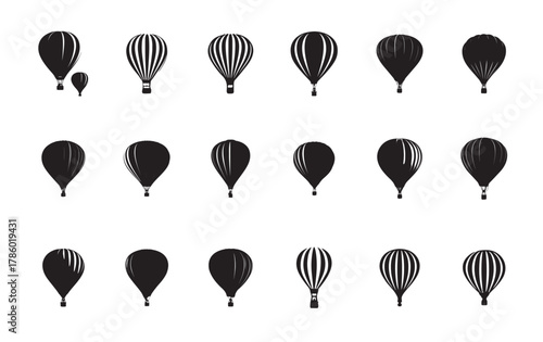 Collection of Silhouette Hot Air Balloons Ascending in Flight Across White Backdrop