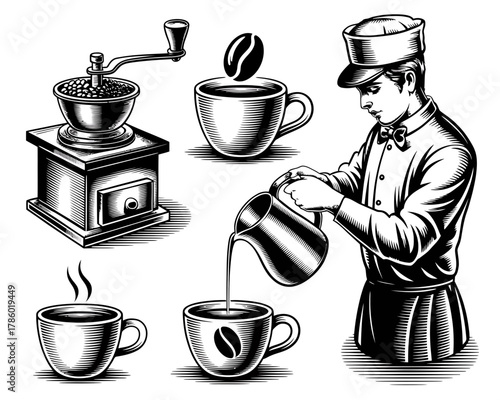 Vintage coffee making process with barista and grinder