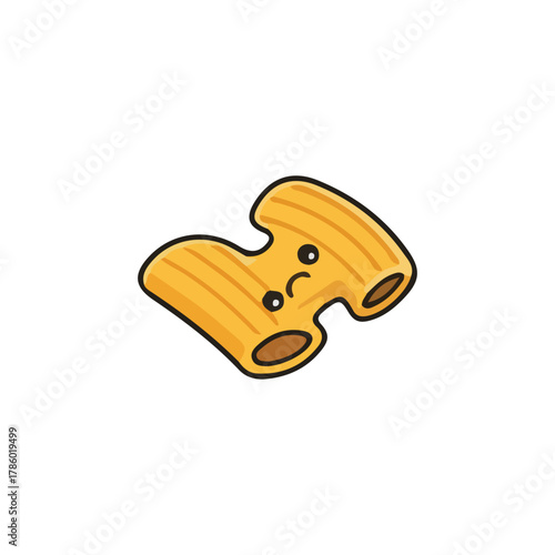 Cartoon drawing of a single piece of macaroni pasta with a sad, frowning face on a white background.