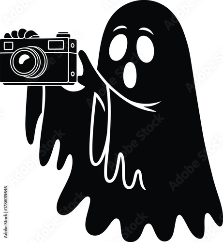 A ghost holding camera capturing spooky moments with wide eyes