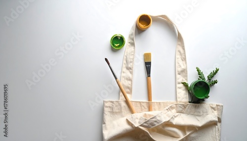 Top-down view of an open canvas bag with paint brushes and open paint jars, plus greenery. Set on a stark white surface