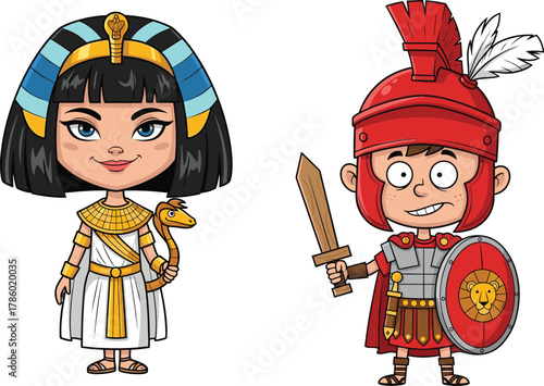 Cartoon illustration of ancient Egyptian queen and Roman soldier, historical characters, kids learning history, ancient culture, costume education, vector art