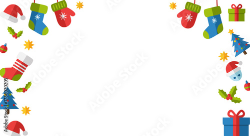 Colorful Christmas decorations with mittens and trees on white background  