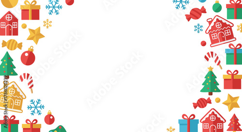 Christmas-themed border with colorful decorations and gifts  